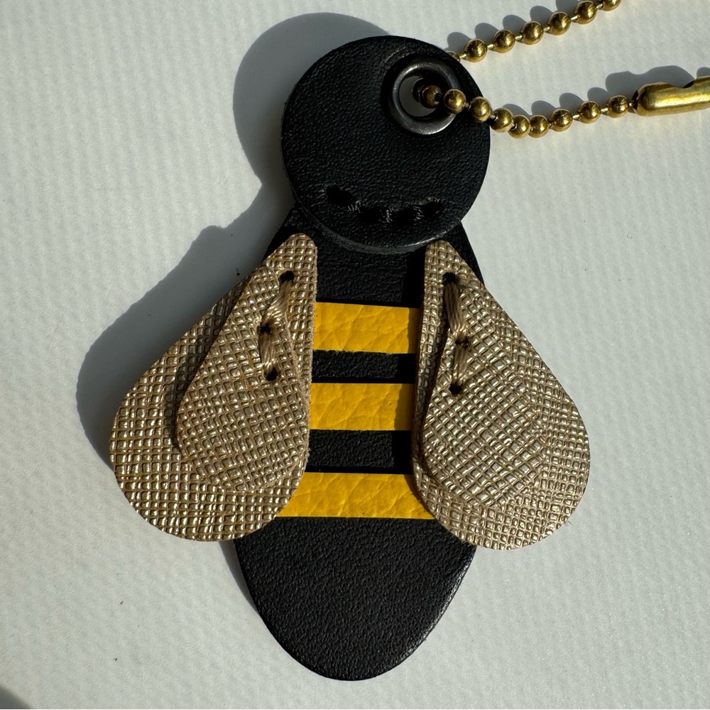 Handcrafted Leather Bumble Bee Bag Charm Keychain Black Yellow Brass Chain Purse